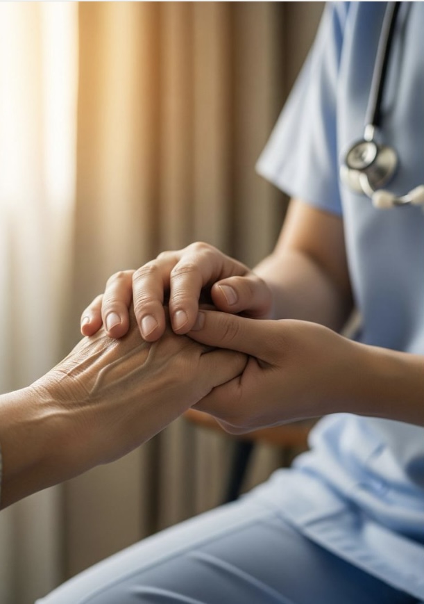 Doctor holding patient's hands with compassion